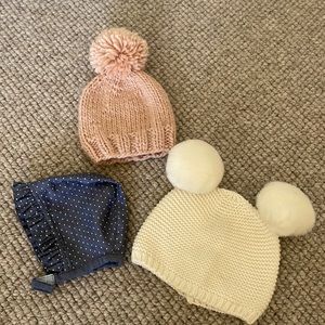 Trio of baby girl hats. Denim bonnet and 2 cozy beanies